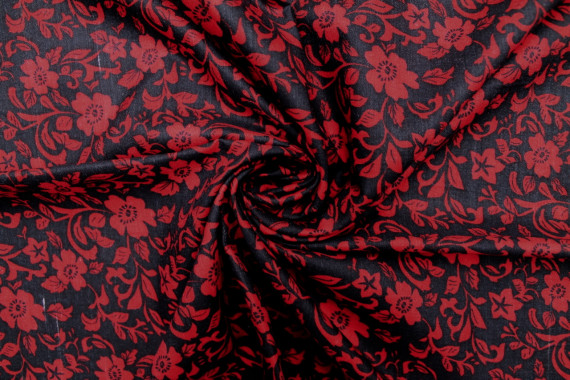 Tissu Polyviscose Imprimée Fleur Loyauty Noir et Rouge -Au Mètre