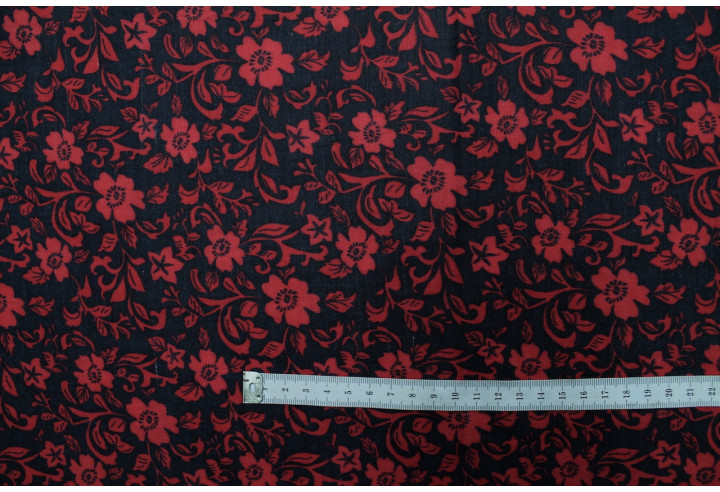 Tissu Polyviscose Imprimée Fleur Loyauty Noir et Rouge -Au Mètre