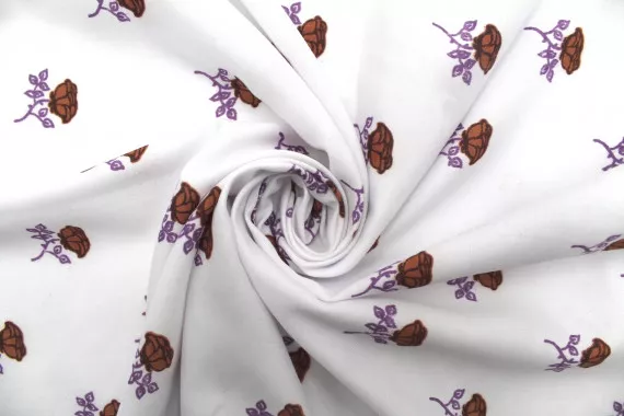 Tissu Polyviscose Imprimée Blanc Fleur Diamant Choco -Au Mètre