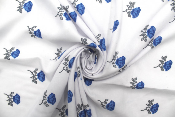Tissu Polyviscose Imprimée Blanc Fleur Diamant Bleu -Au Mètre