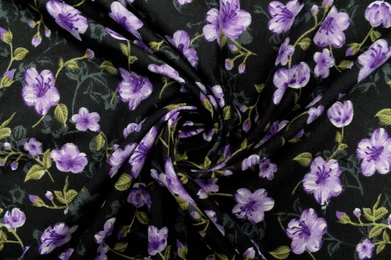 Tissu Polyviscose Imprimée Noir Fleur Liane Violet -Au Mètre