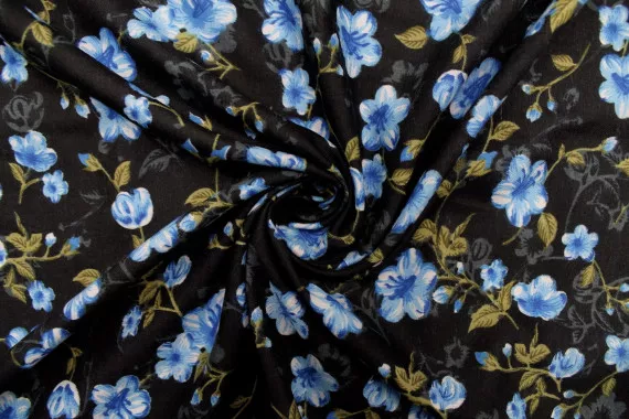 Tissu Polyviscose Imprimée Noir Fleur Liane Bleu -Au Mètre