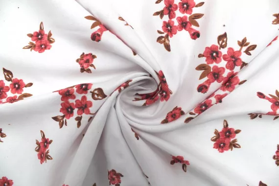 Tissu Polyviscose Imprimée Blanc Fleur Quadra Rouge -Au Mètre