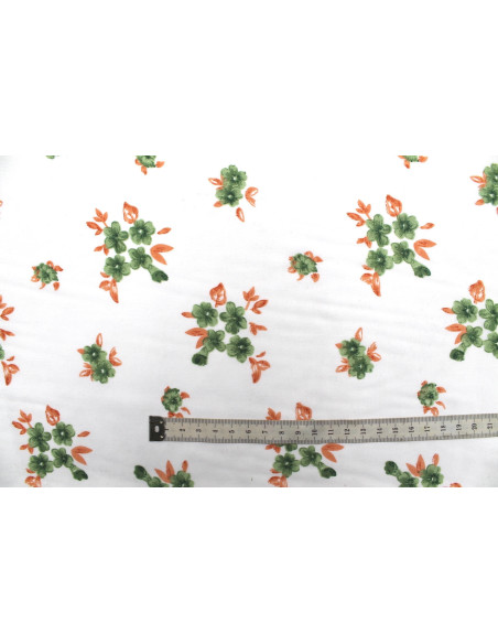 Tissu Polyviscose Imprimée Blanc Fleur Quadra Vert -Au Mètre