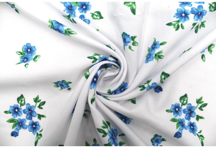 Tissu Polyviscose Imprimée Blanc Fleur Quadra Bleu -Au Mètre