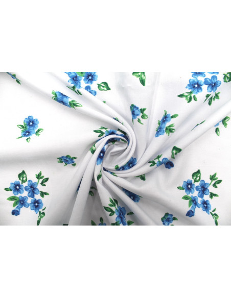 Tissu Polyviscose Imprimée Blanc Fleur Quadra Bleu -Au Mètre