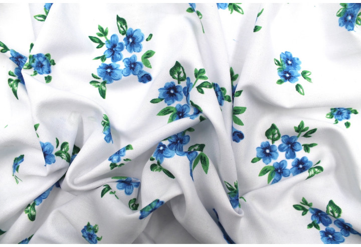 Tissu Polyviscose Imprimée Blanc Fleur Quadra Bleu -Au Mètre