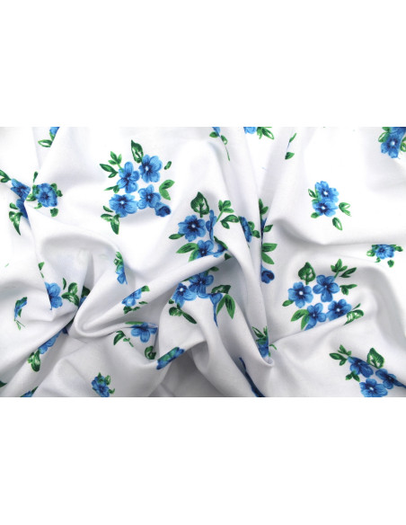 Tissu Polyviscose Imprimée Blanc Fleur Quadra Bleu -Au Mètre