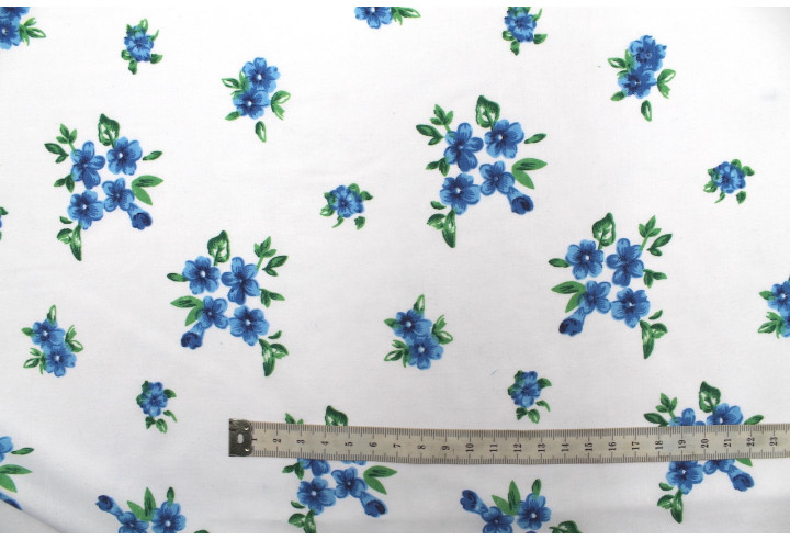 Tissu Polyviscose Imprimée Blanc Fleur Quadra Bleu -Au Mètre
