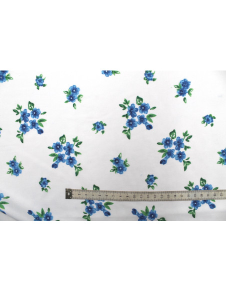 Tissu Polyviscose Imprimée Blanc Fleur Quadra Bleu -Au Mètre