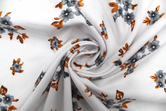 Tissu Polyviscose Imprimée Blanc Fleur Quadra Gris -Au Mètre