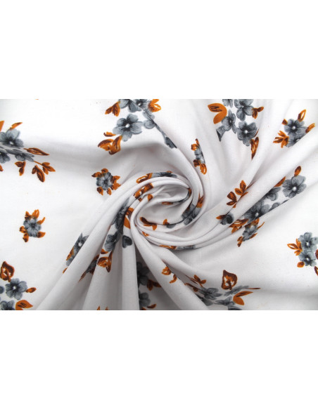 Tissu Polyviscose Imprimée Blanc Fleur Quadra Gris -Au Mètre