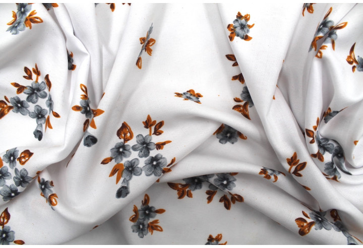 Tissu Polyviscose Imprimée Blanc Fleur Quadra Gris -Au Mètre