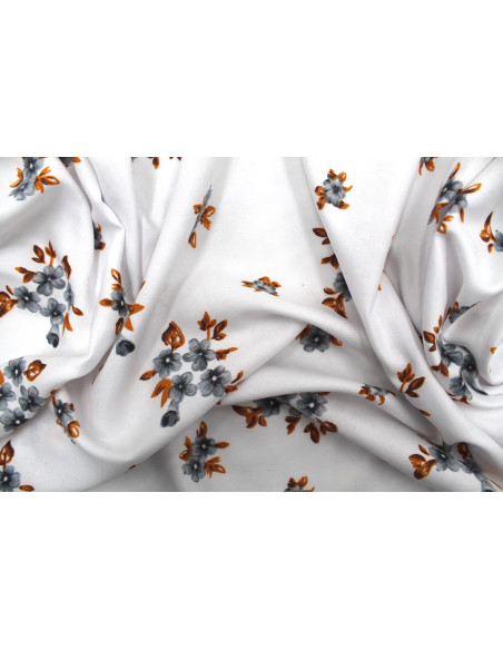 Tissu Polyviscose Imprimée Blanc Fleur Quadra Gris -Au Mètre