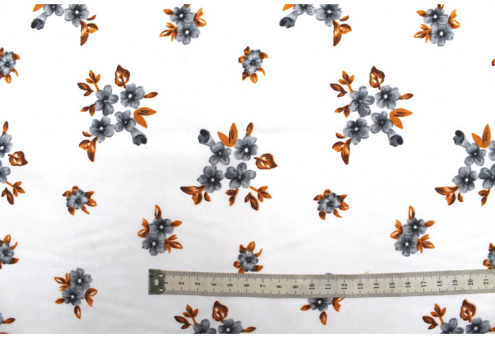 Tissu Polyviscose Imprimée Blanc Fleur Quadra Gris -Au Mètre