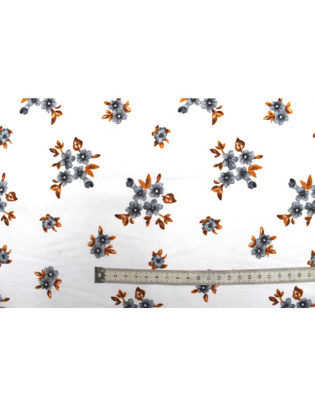 Tissu Polyviscose Imprimée Blanc Fleur Quadra Gris -Au Mètre
