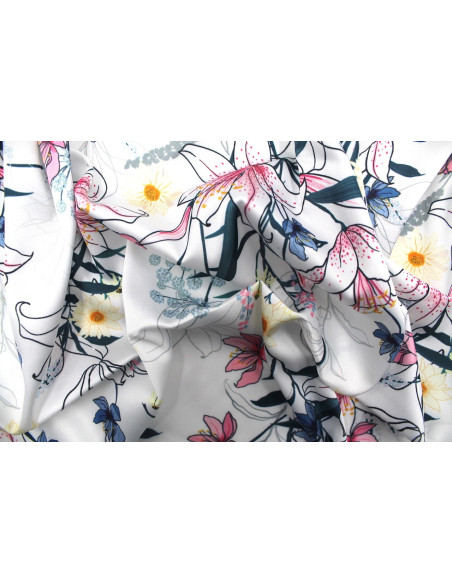 Tissu Satin Touché Soie imprimé Fleur Clem Blanc -Au Mètre