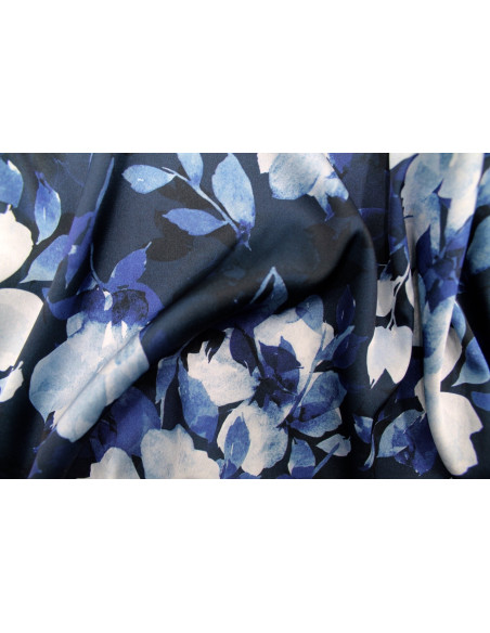 Tissu Satin Touché Soie imprimé Fleur Hortensia Marine -Au Mètre