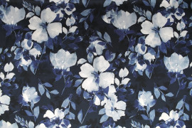 Tissu Satin Touché Soie imprimé Fleur Hortensia Marine -Au Mètre