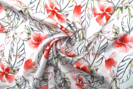 Tissu Satin Touché Soie imprimé Fleur Automne Blanc -Au Mètre
