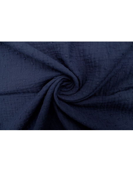 Tissu Double Gaze à Pois Uni Marine -Au Mètre