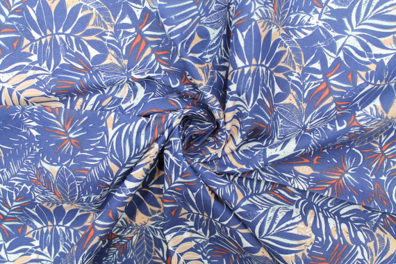 Tissu Cretonne Coton Imprimé Feuilles Bamo Bleu -Au Mètre