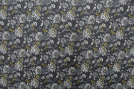 Tissu Cretonne Coton Imprimé Fleur Oriane Noir -Au Mètre