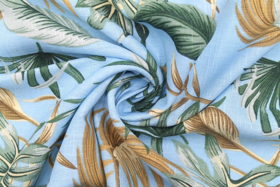 Tissu Lin Viscose Imprimé Fleur Palmier Bleu -Au Mètre