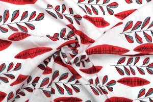 Tissu Viscose Polyamide Imprimé Fleur Plume Rouge -Au Mètre