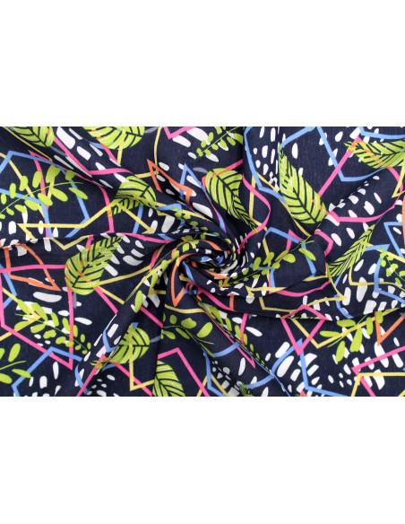 Tissu Viscose Polyamide Imprimé Géofleur Marine -Au Mètre