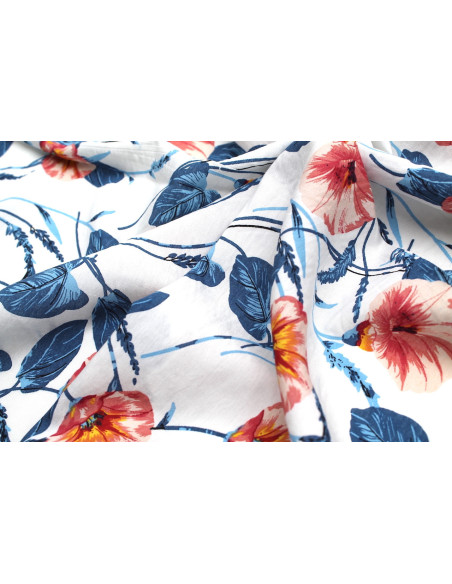 Tissu Viscose Polyamide Imprimé Fleur Camelia Blanc -Au Mètre
