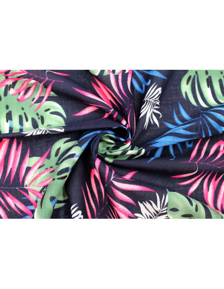 Tissu Voile Coton Viscose Imprimé Palme Aneca Marine -Au Mètre