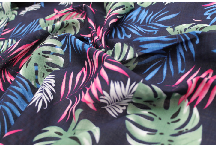 Tissu Voile Coton Viscose Imprimé Palme Aneca Marine -Au Mètre