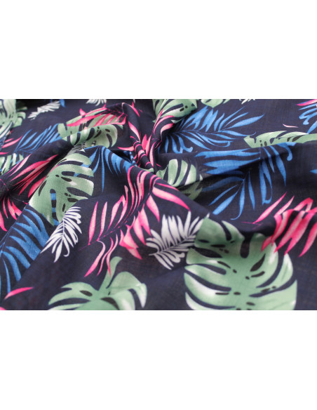 Tissu Voile Coton Viscose Imprimé Palme Aneca Marine -Au Mètre