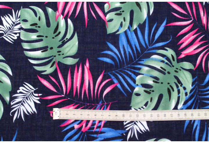 Tissu Voile Coton Viscose Imprimé Palme Aneca Marine -Au Mètre