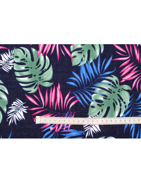 Tissu Voile Coton Viscose Imprimé Palme Aneca Marine -Au Mètre
