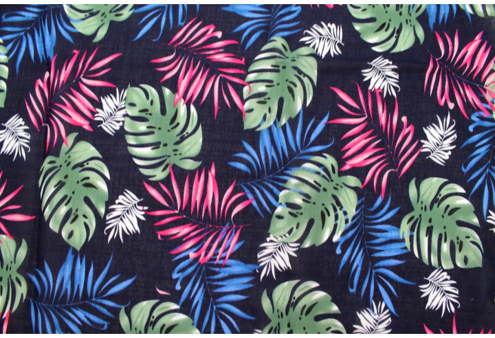 Tissu Voile Coton Viscose Imprimé Palme Aneca Marine -Au Mètre