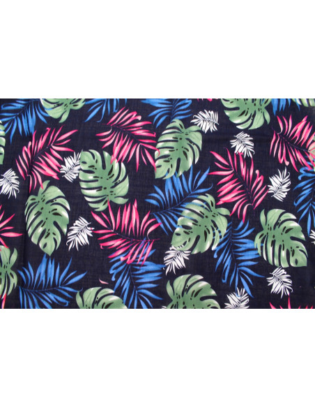 Tissu Voile Coton Viscose Imprimé Palme Aneca Marine -Au Mètre