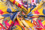 Tissu Voile Coton Viscose Imprimé Palme Fleurie Jaune -Au Mètre