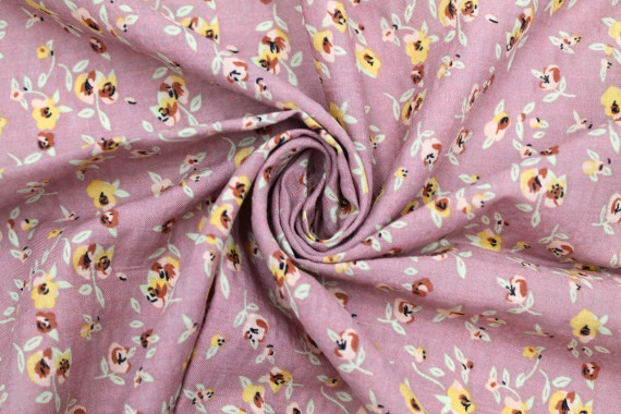 Tissu Voile Coton Viscose Imprimé Fleur Noisette Rose -Au Mètre