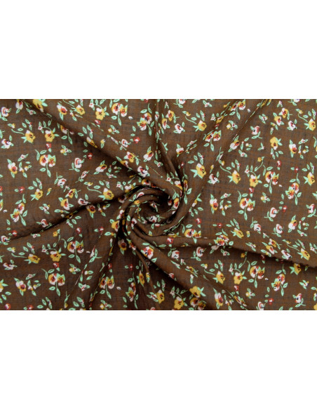 Tissu Voile Coton Viscose Imprimé Fleur Noisette Marron -Au Mètre