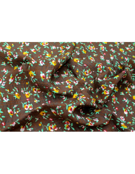 Tissu Voile Coton Viscose Imprimé Fleur Noisette Marron -Au Mètre