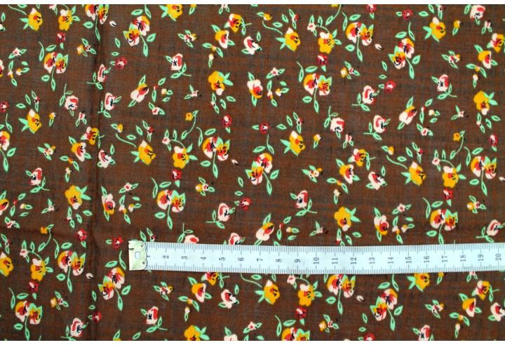 Tissu Voile Coton Viscose Imprimé Fleur Noisette Marron -Au Mètre