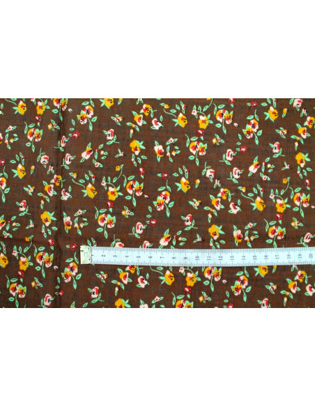 Tissu Voile Coton Viscose Imprimé Fleur Noisette Marron -Au Mètre