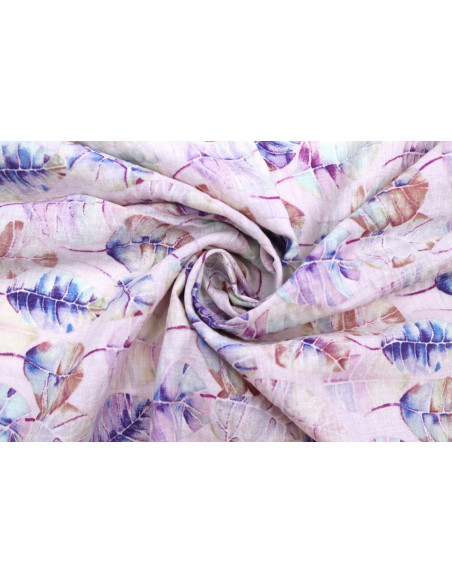 Tissu Voile Coton Viscose Imprimé Feuille Hêtre Rose -Au Mètre