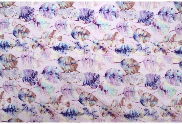 Tissu Voile Coton Viscose Imprimé Feuille Hêtre Rose -Au Mètre