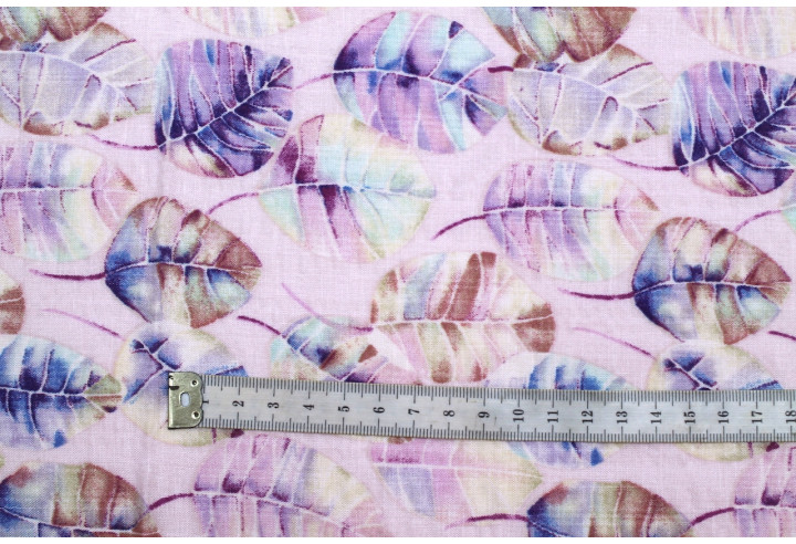 Tissu Voile Coton Viscose Imprimé Feuille Hêtre Rose -Au Mètre