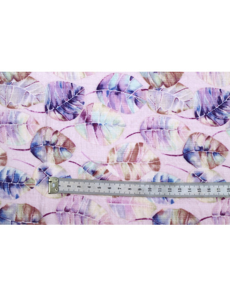 Tissu Voile Coton Viscose Imprimé Feuille Hêtre Rose -Au Mètre