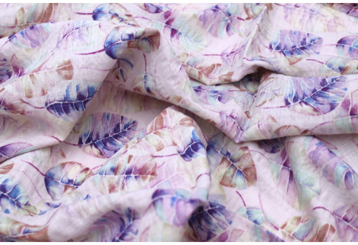Tissu Voile Coton Viscose Imprimé Feuille Hêtre Rose -Au Mètre