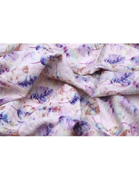Tissu Voile Coton Viscose Imprimé Feuille Hêtre Rose -Au Mètre